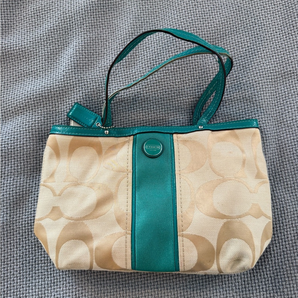 Coach Mini Bag Teal and Cream with Signature Pattern